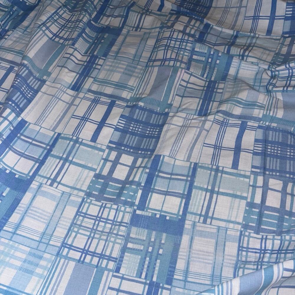 Vintage 1970s Blue Patchwork Plaid Queen Fitted Sheet